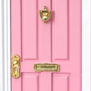 1:12 Dollhouse Miniature Pink Wooden Door with Gold Hardware Decoration Close Up