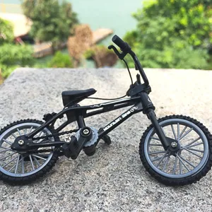 Detailed view of mini alloy finger bicycle model toy, realistic metal design for collection.