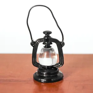 Miniature kerosene lamp model detail, 1:12 scale dollhouse accessory, black finish decor.
