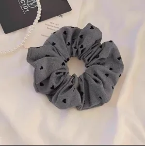Grey heart print hair scrunchie high elasticity fabric hair tie cute hair accessory detail