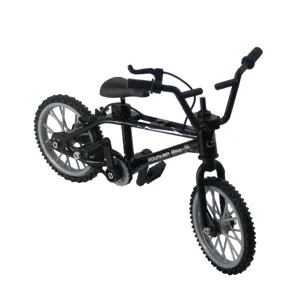 Mini alloy finger bike model detail, black frame with realistic handlebar and pedals for toys.
