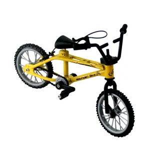 Mini alloy finger BMX bike model detail view, featuring yellow frame and black handlebars.
