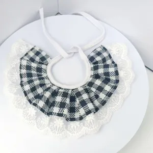 Black and white plaid pet bib with white lace trim, cute dog and cat collar for daily wear.