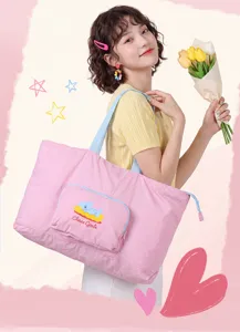 Pink foldable travel duffel bag large capacity luggage tote bag with cute dog graphic