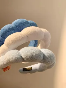 French blue cloud headband for women, wide brim plush hair hoop for daily styling and face washing.
