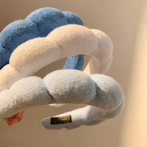 French blue cloud headband for women, thick padded hair hoop, cute fluffy face washing hair band