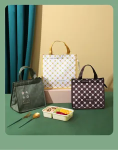 Vista detallada de bolsas de almuerzo aislantes, bolsas portátiles espesadas con patrones.