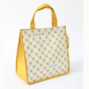 Bolsa de almuerzo aislada y gruesa con patrón floral amarillo, bolso portátil para oficina