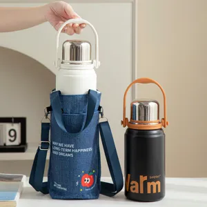Portable Denim Water Bottle Bag Cute Print Crossbody Cup Sleeve With Strap Handheld Kettle Holder For Outdoor