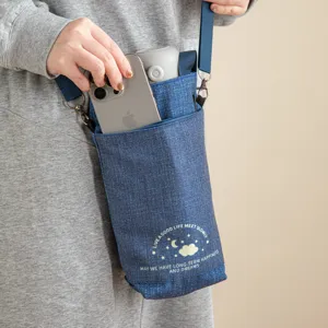 Crossbody water bottle bag with phone pocket, durable blue fabric portable cup sleeve for outdoor.