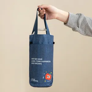 Cute denim water bottle carrier bag with handle, portable insulated cup sleeve for daily use.