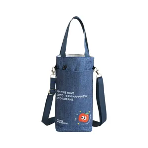 Blue denim water bottle bag with strap, cute daily portable insulated tumbler carrier.