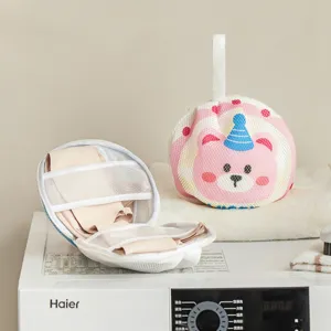 Cartoon Bear Dog Print Mesh Laundry Bag Portable Zipper Bra Washing Bag Underwear Protector Laundry Net