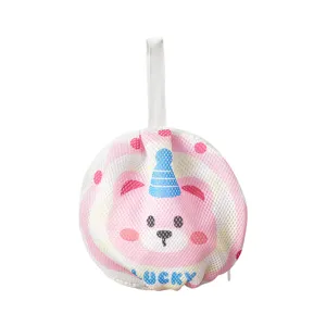 Round mesh bra laundry bag with cute bear print and hanging loop for washing machine care.