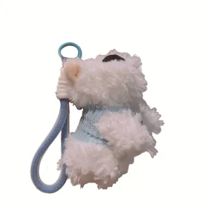 Simpatico portachiavi in peluche Westie bianco, ciondolo borsa morbido con maglione blu accessorio.