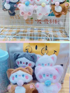 Cute plush blush cat keychain, soft stuffed animal bag pendant for students and cartoon fans.