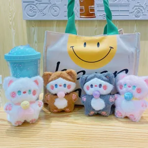 Cute plush blush cat keychain, soft cartoon bag pendant for keys and school backpacks.