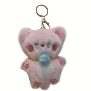 Cute pink plush cat keychain fluffy bag charm cartoon stuffed animal key ring for kids