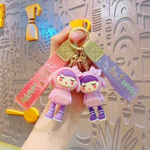 Electroplated Cartoon Dressing Girl Keychain Cute Doll Keyring With Ribbon Hand Strap For Bags Car Key Couples Gift
