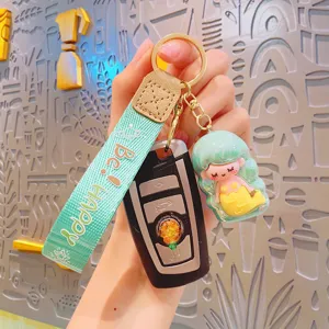 Cute iridescent mermaid keychain with green fabric strap and car key fob charm accessory.
