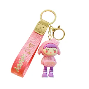 Cute Cartoon Girl Keychain Pink Lanyard Metal Ring Trendy Bag Pendant Accessories