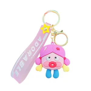 Cute cartoon girl keychain aesthetic bag charm with pink strap and golden keyring