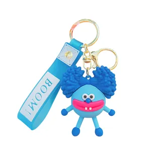 Beau mignon porte-clés poupée dessin animé pelucheux pendentif monstre bleu métal