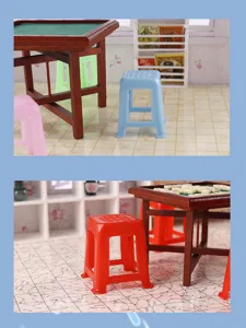 1:12 scale miniature dollhouse mahjong table and plastic stools set for diorama doll decoration.