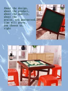 Miniature dollhouse mahjong table with red stools 1:12 scale ob11 toy scene detail view