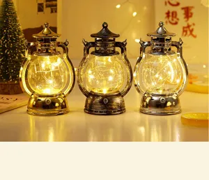Close-up detail of vintage style LED decorative lantern with warm string lights for holiday decor.