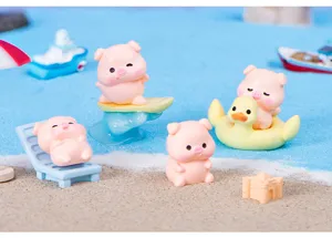 Cute beach vacation pig resin miniature figurine set for micro landscape and car desktop decor