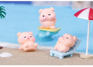 Cute beach vacation little pig resin figurines set, micro landscape desktop car ornament