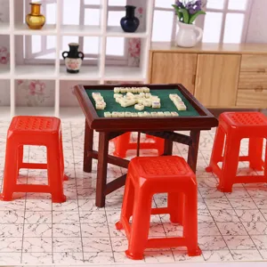 1:12 dollhouse miniature mahjong table set with four red plastic stools toy furniture