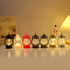 Vintage LED miniature hurricane lanterns set, decorative table lamps for holiday ambiance.