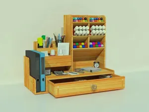 Organisateur de bureau en bois avec porte-stylo, étagère de rangement multi-niveaux et tiroir.