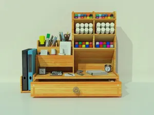 Organisateur de bureau en bois avec porte-stylo, boîte de rangement de papeterie multi-compartiments.