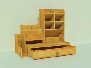 Organisateur de bureau en bois avec porte-stylo inclinés et tiroir pour la papeterie.