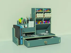 Vue détaillée de l'organisateur de bureau multifonctionnel avec des porte-stylos inclinés.