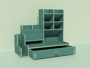 Organisateur de bureau multifonction en bois avec porte-stylos inclinés et tiroir vert.