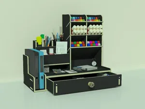 Vue détaillée de l'organisateur de bureau en bois multifonctionnel avec plusieurs tiroirs.
