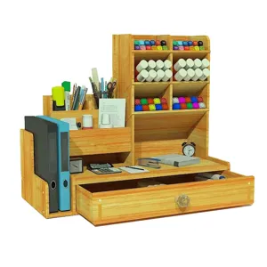 Organisateur de bureau en bois avec porte-stylo inclinable, tiroir et rangement papeterie.