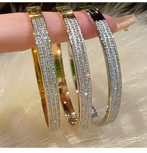 Korean luxury style pave rhinestone titanium steel bangles set in gold silver rose gold