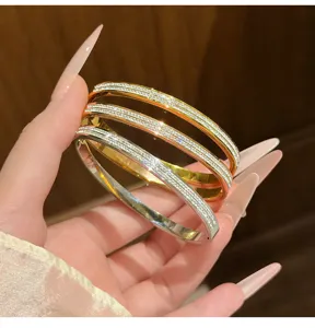 Sparkling crystal titanium steel bangles set, chic minimalist diamond-paved women bracelets.