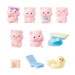 Miniature Resin Pig Figurine Cartoon Beach Vacation Animal Statue Desktop Car Decor Micro Landscape Ornament