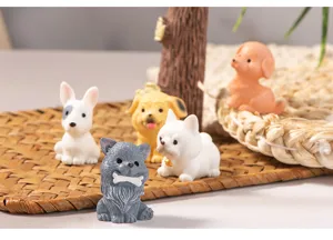 Mini resin dog figurines, cute cartoon desktop ornament and micro landscape accessory.