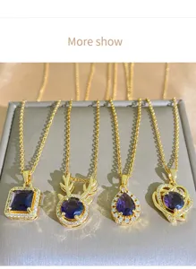 Details view of four stylish titanium steel necklaces with purple zircon pendants, exquisite.