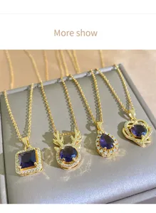 Close-up detail shot of four elegant gold-plated purple zircon pendant necklaces display.