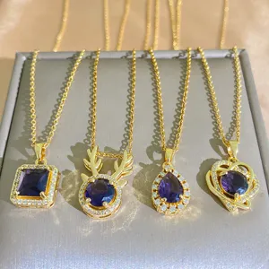 Titanium Steel Purple Zirconia Pendant Necklace For Women Luxury Micro Pave Crystal Heart Antler Water Drop Square Clavicle Chain Gold Plated Fashion Jewelry