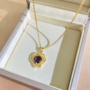 Gold titanium steel purple zircon heart pendant necklace elegant fashion clavicle chain