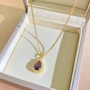 Gold titanium steel purple zirconia teardrop pendant necklace elegant women chic item